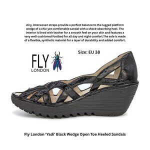 Fly London ‘Yadi’ Black Wedge Open Toe Heeled Sandals: Size EU 38